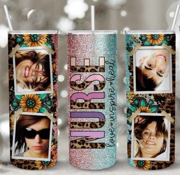 20oz Insulated Stainless Steel Travel Tumbler with lid and Nurse - Custom Photo (4 Photos and Text)
