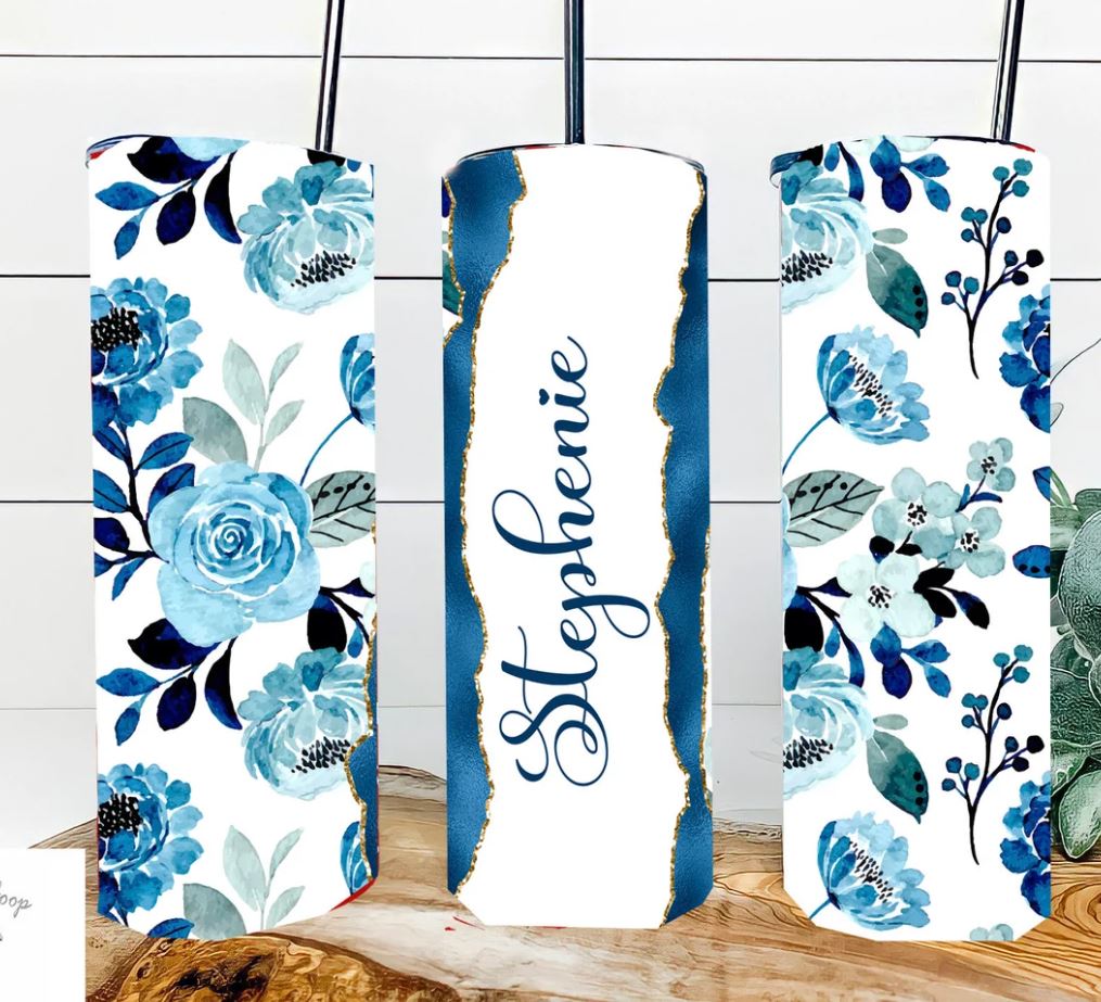 Blue Flowers - 20oz Skinny Insulated Stainless Steel Travel Tumbler