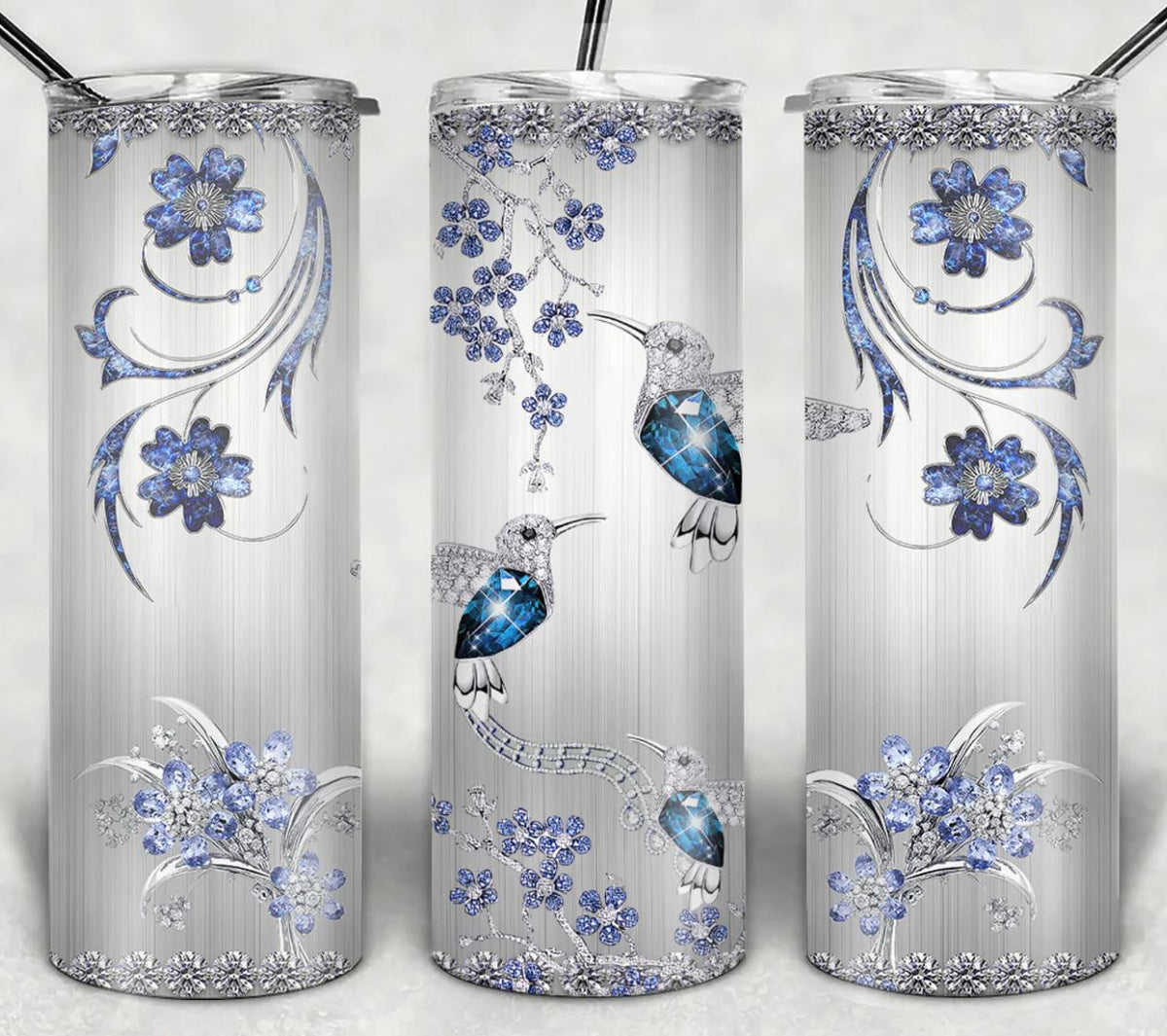 Silver and Blue Hummingbird - 20oz Insulated Stainless Steel Travel Tumbler