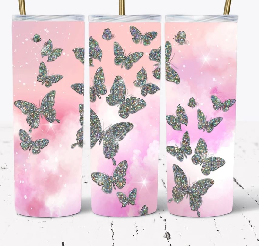 Pink and Silver Butterflies - 20oz Insulated Stainless Steel Travel Tumbler