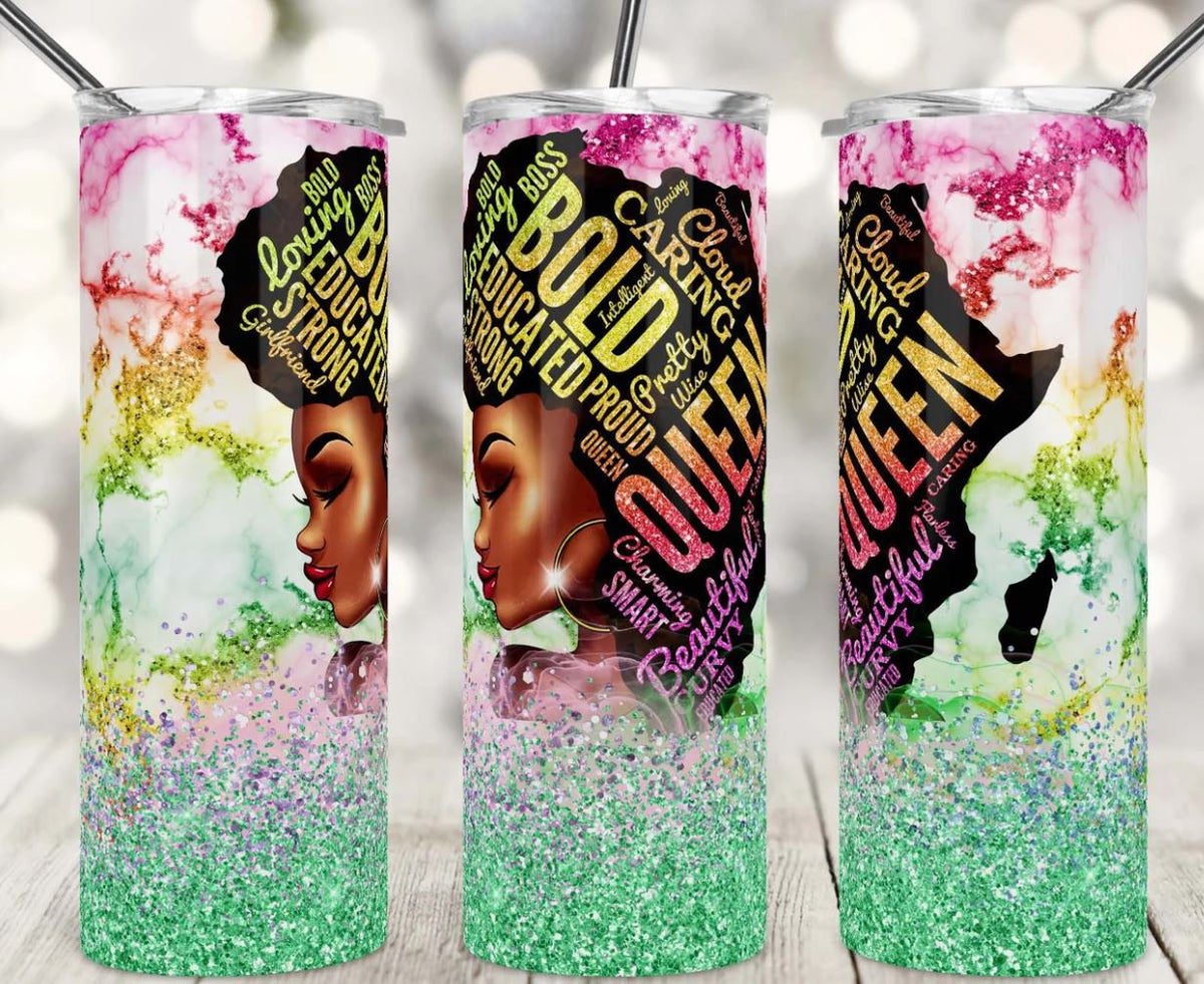 20oz Insulated Stainless Steel Travel Tumbler Bold Black Queen, Black Women, Afro Queen Blessed