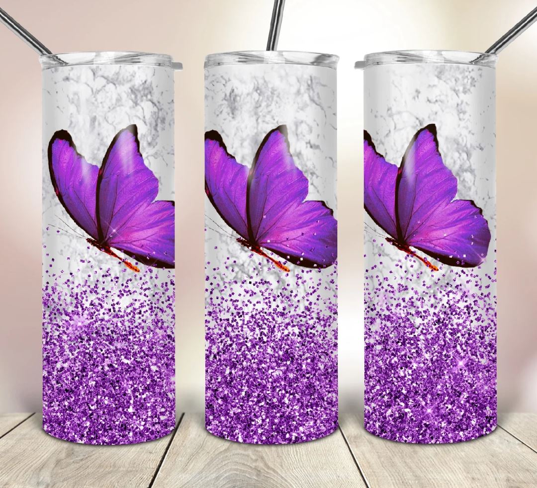 Purple Glitter Butterfly - 20oz Insulated Stainless Steel Travel Tumbler