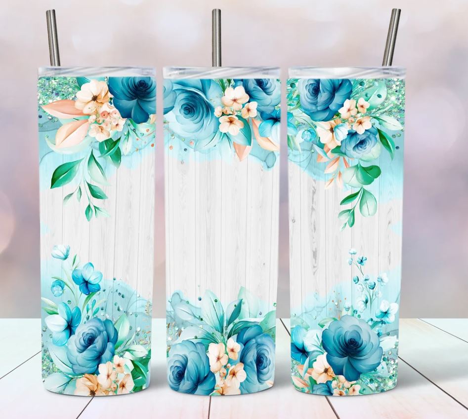 Teal Flowers- 20oz Insulated Stainless Steel Travel Tumbler